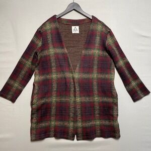 Unif Women's Plaid Duster Cardigan Sweater Jacket Single Snap‎ Burgundy Size S